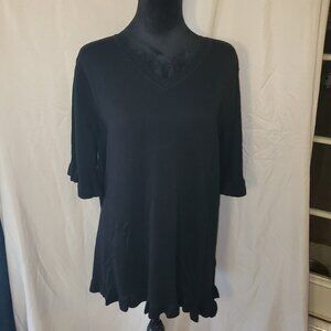 Isaac Mizrahi Black V Neck Short Sleeve XL Knit Top with Ruffled Hem